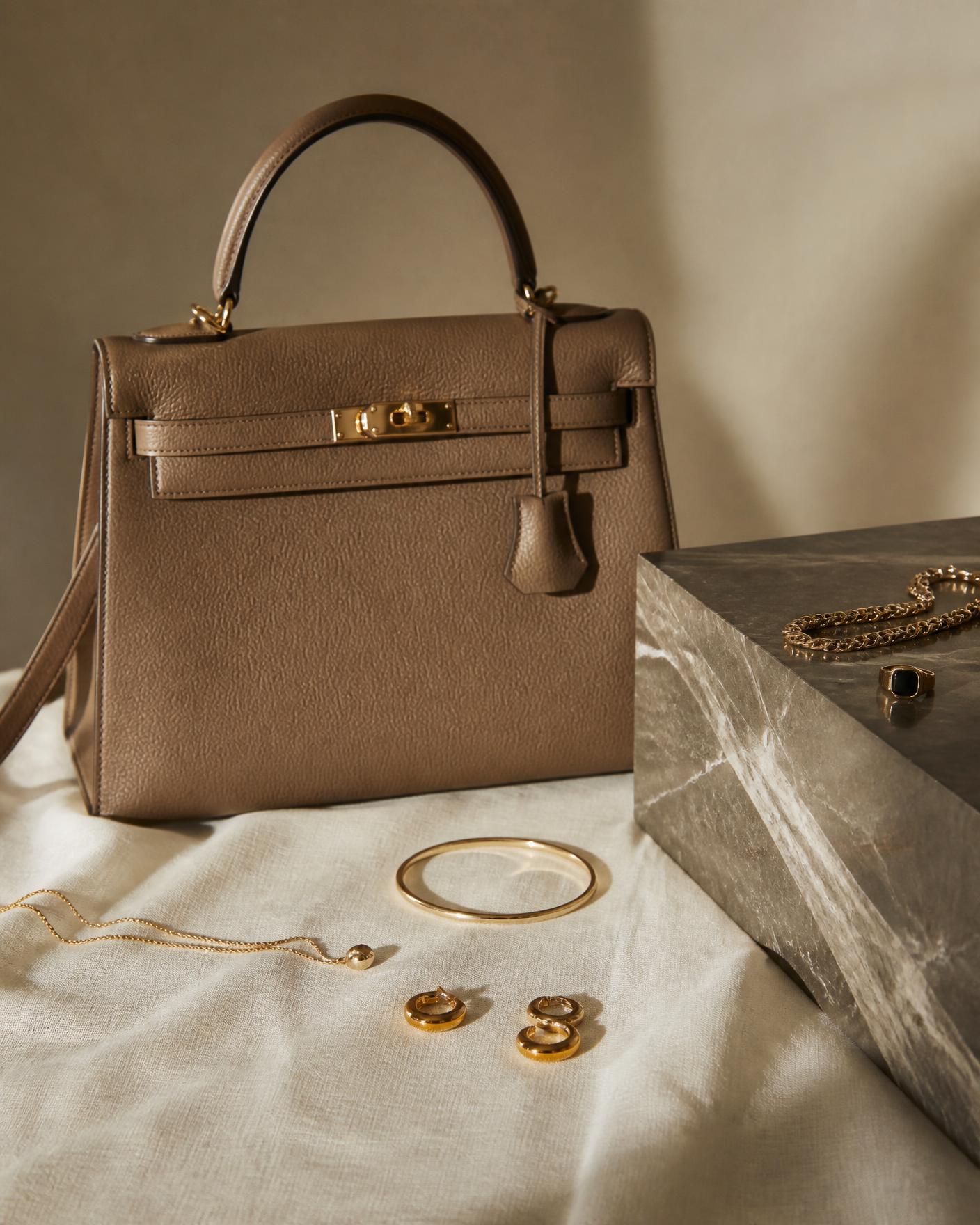 Leather handbag and fine gold jewellery on ivory linen